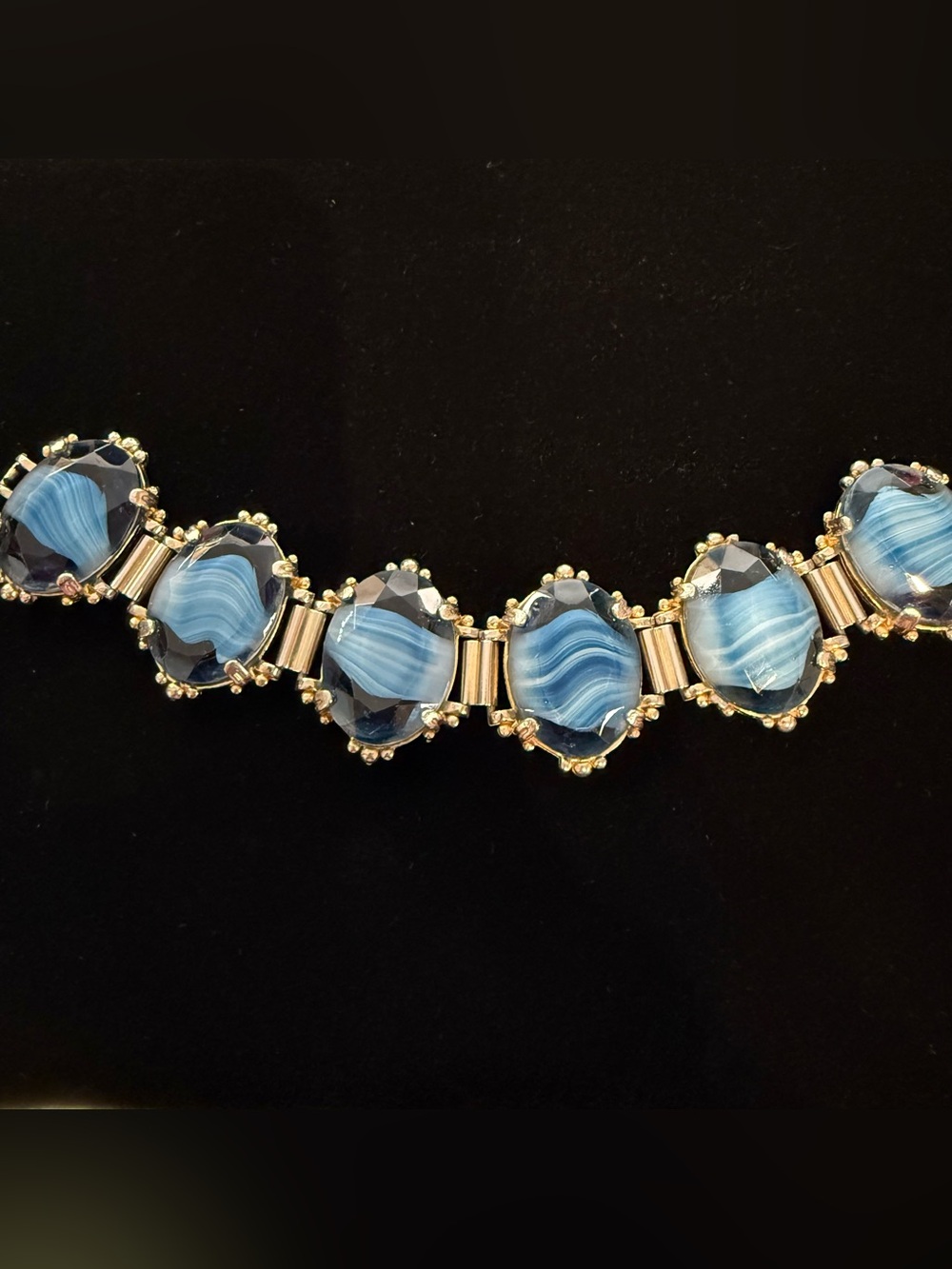 Vintage 1970s Silver Tone,Chunky,Agate Striped Effect,Blue,Art Glass bracelet
